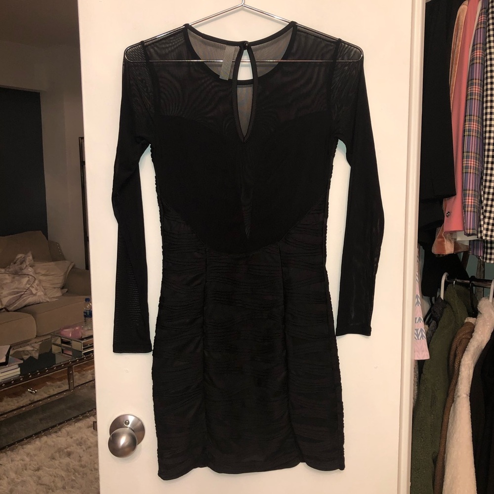 Nasty Gal black plunging mesh dress with ruching - Picture 5 of 8